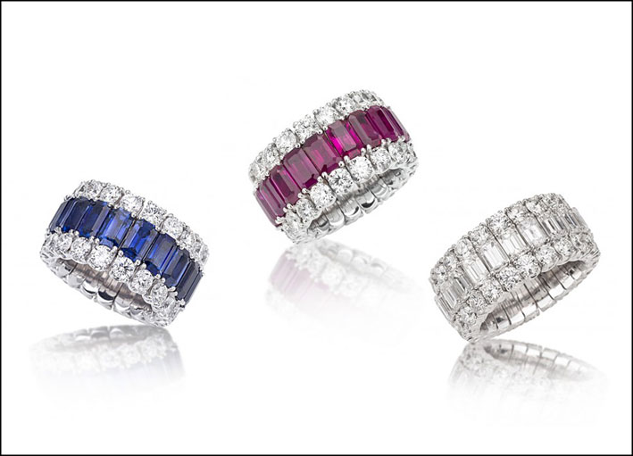 Xpandable, anelli in oro bianco, zaffiri, rubini e diamanti taglio smeraldo