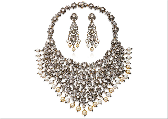 Collana girocollo in stile vittoriano con diamanti e perle South Sea su argento e oro