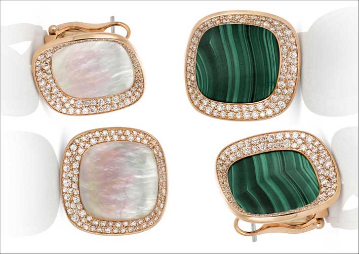 Rose gold earrings with white diamonds and mother of pearl and malachite