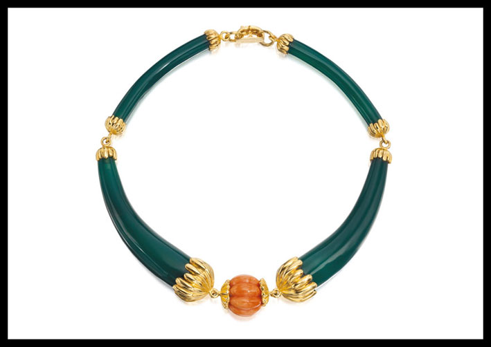 Collana in oro, crisoprasio e corallo