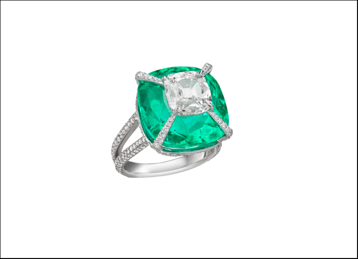 Boghossian, anello con diamante e smeraldo colombiano