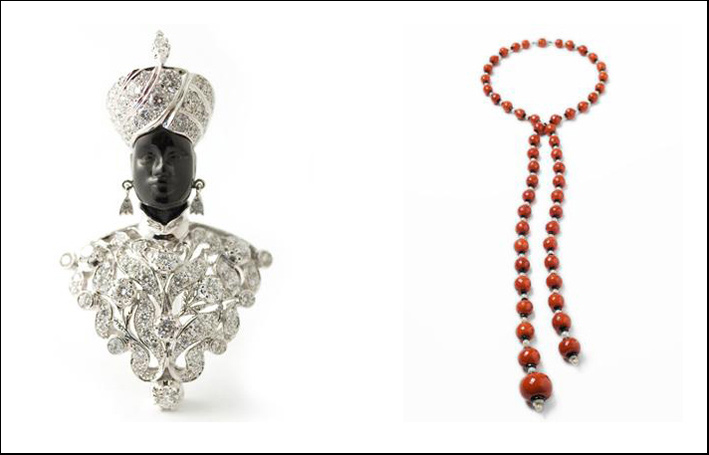 Due opposti modi di intendere la gioielleria. A sinistra, Nardi, Moretto, Albero della vita. A destra, collana di Bulgari stile Art Deco