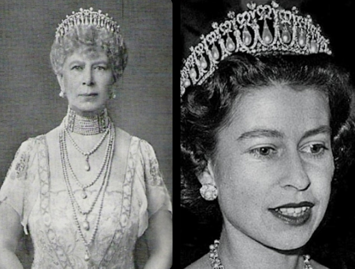 La regina Elisabetta II (a destra) ela principessa Augusta di Hesse Cassel, Duchessa di Cambridge (a destra) con la tiara The Cambridge Lover Knot