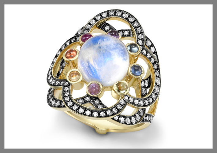 Anello in oro, diamanti, opale e pietre colorate