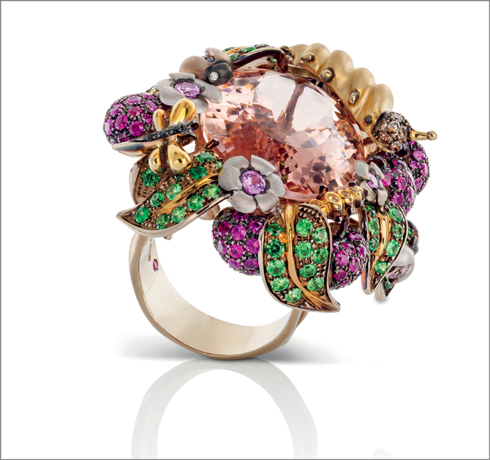 Ring in yellow and burnished satin gold with white and brown diamonds, morganite, green garnet, rubies, amethyst and black and yellow sapphires