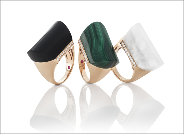 Rose gold rings with black and white jade, malachite and diamonds