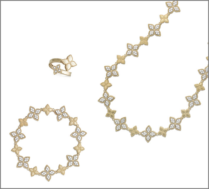 Yellow gold necklace with diamonds. Yellow gold bracelet with diamonds. Yellow gold contrarié ring with diamonds