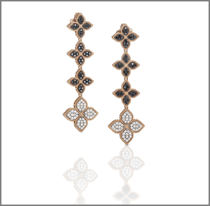 Rose gold earrings with black and white diamonds