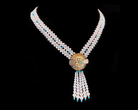 Collana vintage in oro 14 carati con perle e turchese