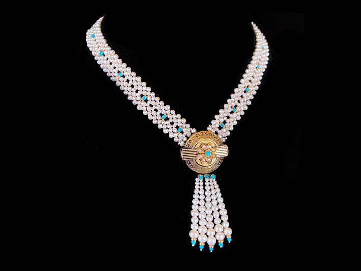 Collana vintage in oro 14 carati con perle e turchese