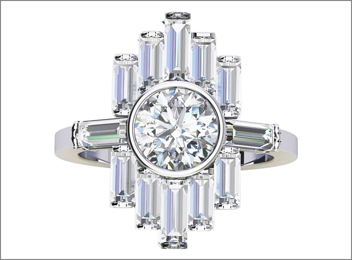Anello di platino con diamante di oltre 1 carato e diamanti baguette. Prezzo: 17.264 euro