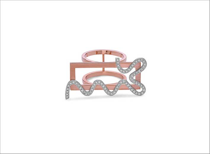 Anello rettangolare in oro rosa e bianco con diamanti