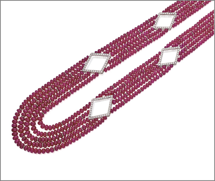 Michele della Valle, collana di perle di rubino e diamanti