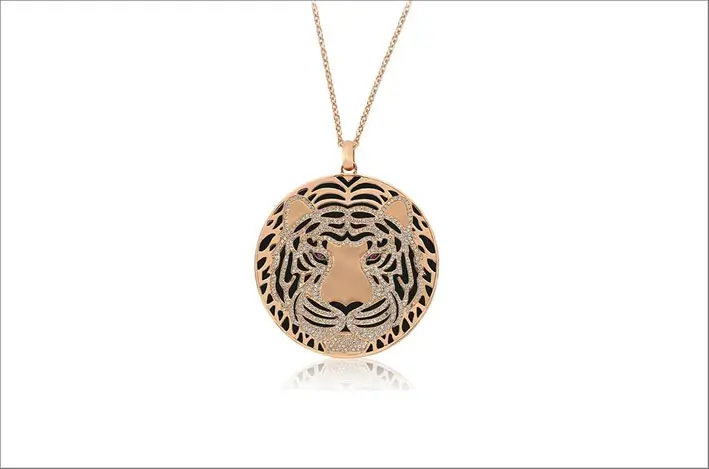 Pendente in oro 18 carati e diamanti, pendente che raffigura una tigre