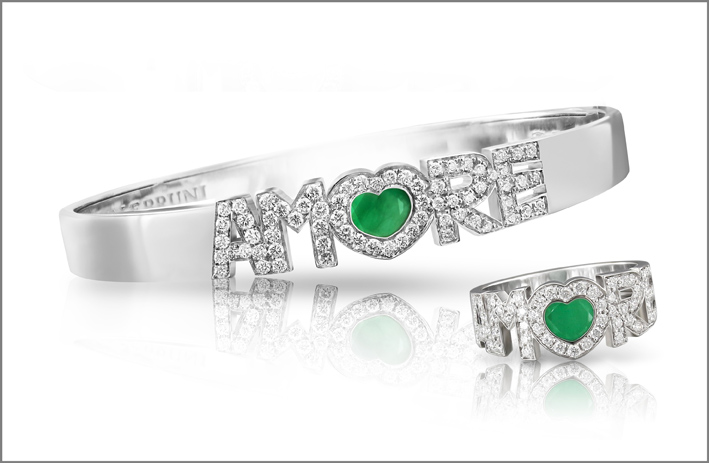 Bracciale e anello Amore 4 Chakra, oro bianco, diamanti, smeraldi