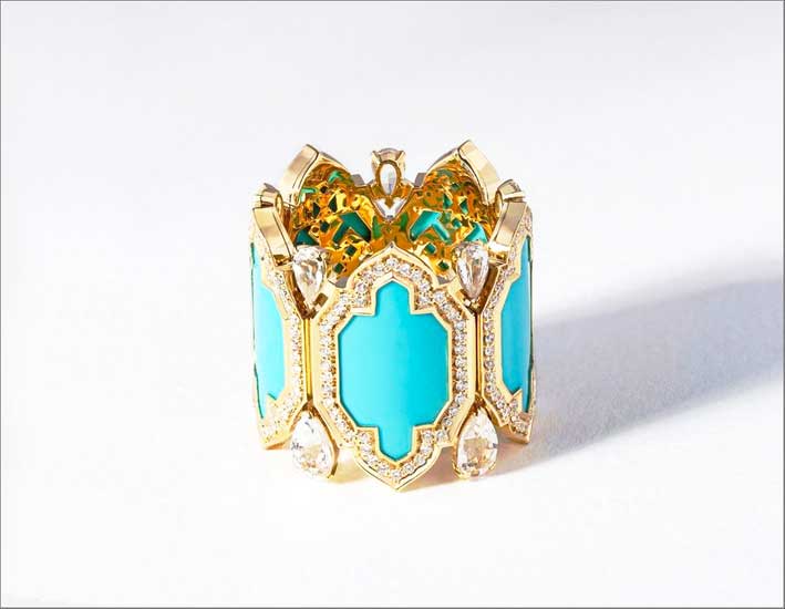 Anello Dakini, in oro, turchese, diamanti