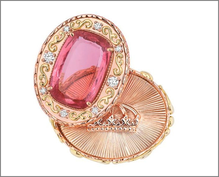 Dior, alta gioielleria, anello apribile in oro rosa, giallo, diamanti e rubellite