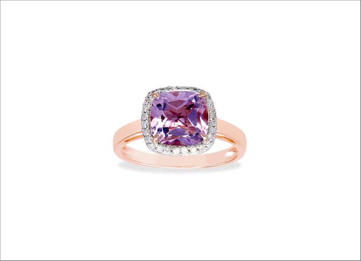 Anello con ametista rosa e diamanti, oro 18 carati