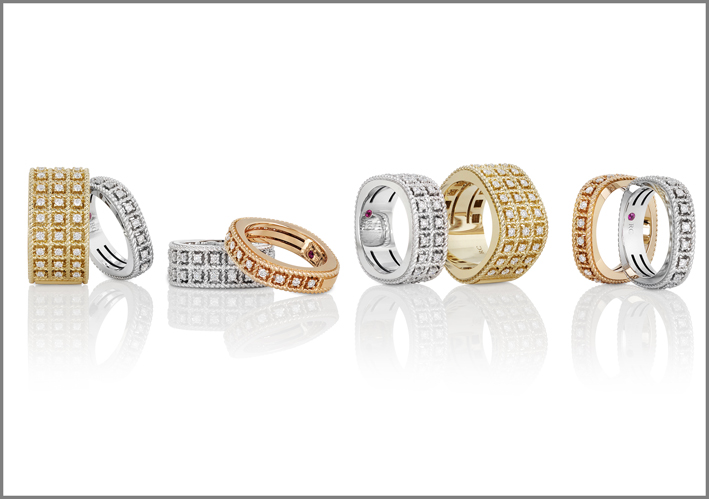 Rose, white and yellow gold rings with white diamonds