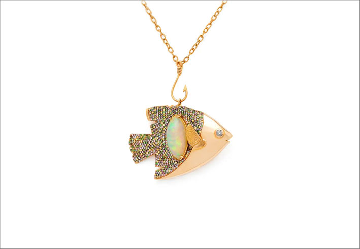 Collana Tangaroa, in oro giallo, diamanti, opale e zaffiri
