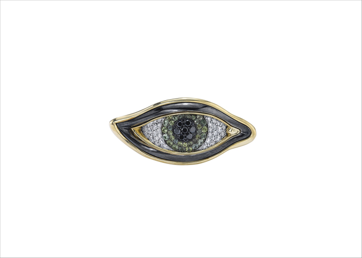 Anello Eye of Chrona in oro 18 carati, argento rodiato, zaffiri verdi