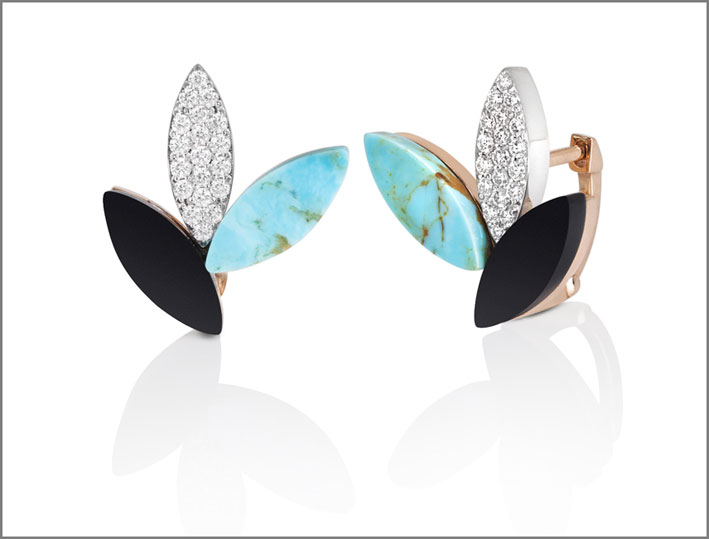 Stud earrings in rose gold with turquoise, diamond pavé and black jade