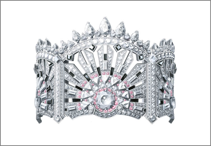 Bracciale Lumière ispirato a I musicisti di Brema. Diamanti bianchi e rosa giustapposti contro onici e spinelli neri