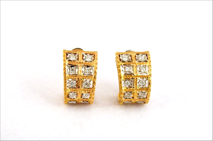 Orecchini Battistero in stile fiorentino, oro bianco e giallo con diamanti
