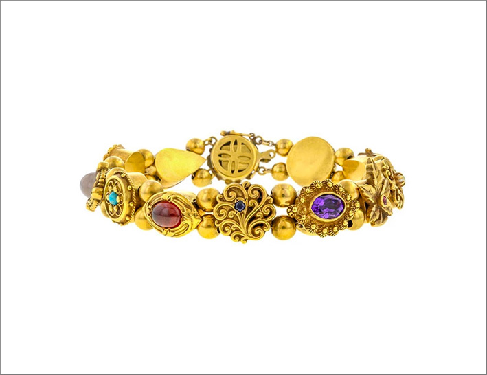 Bracciale in oro con diamanti, perla, ametista, lapislazzuli, zaffiro, granato, turchese, pietra luna e opale