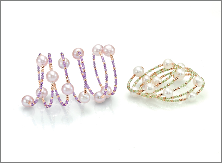 Bracciali della collezione doreMinù in oro rosa, ametista, perle rosa. Oppure peridoto e perle bianche