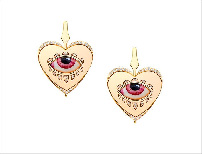 Orecchini Rose coeur in oro giallo 14 carati con occhio smaltato rosa e diamanti