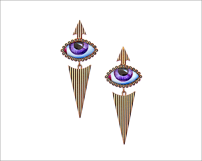 Orecchini Egyptian Petit Mauve in oro rosa 14 carati con occhi smaltato viola e diamanti bianchi e neri