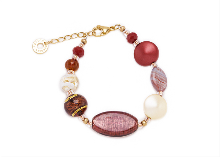 Bracciale in perle in vetro trasparente e colorato con foglia argento  e oro 24 carati, vetro satinato con effetto lucido
