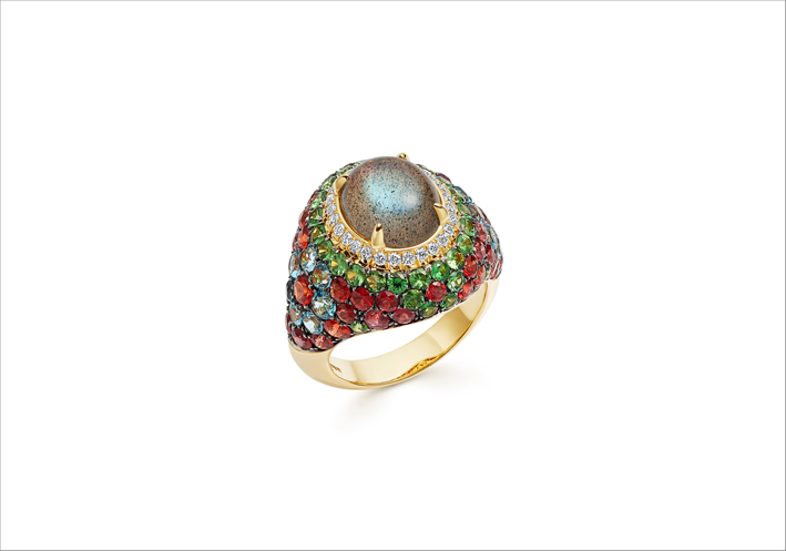 Todo sobre labradorita 1 Anello con diamanti taglio brillante, labradorite grigia, granati, tsavoriti, topazi blu e zaffiri arancioni