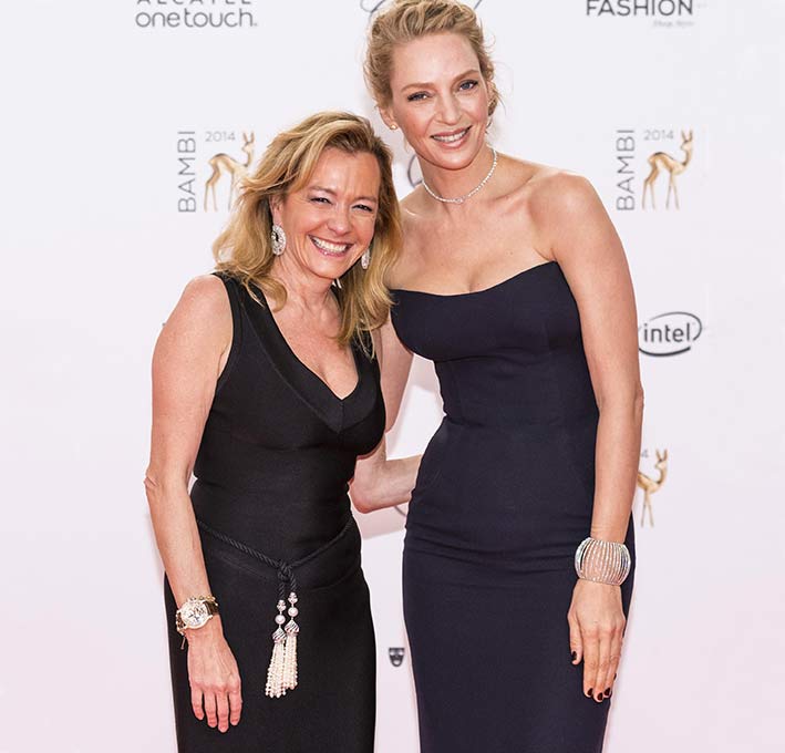 Caroline Scheufele, con bracciale e orologio Chopard, di cui è co-presidente, assieme a Kate Moss