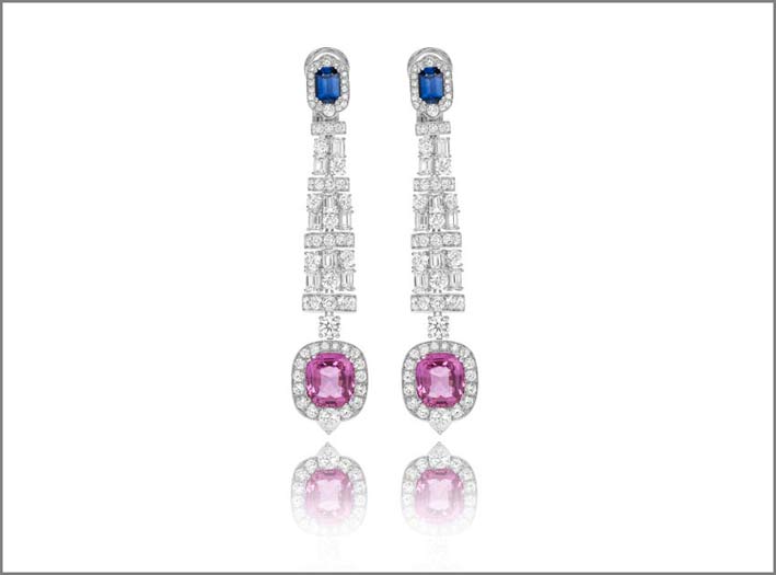 White gold pink sapphire (7.39 ct), blue sapphire (1.32) and diamond (7.65 ct) earrings set in white gold