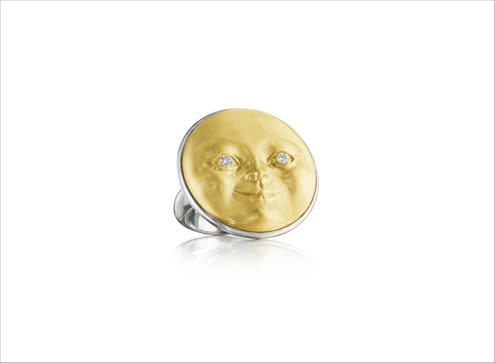Anello Moonface in oro 18 carati, argento e diamanti