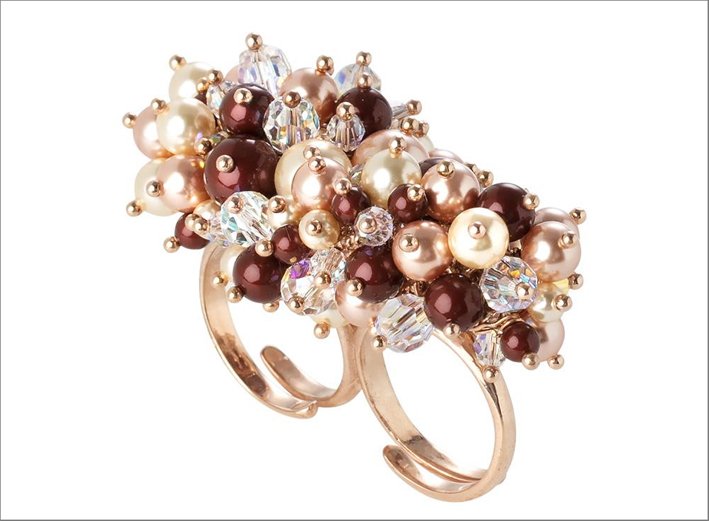 Anello doppio con bouquet di cristalli e perle Swarovski aurorora boreale bordeaux light gold e rose peach