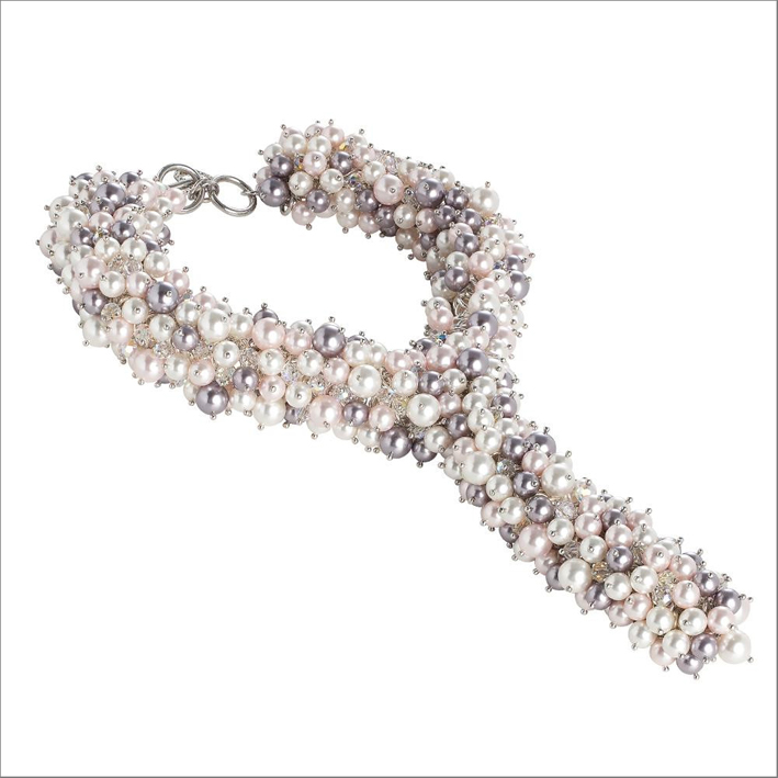 Collana cravattino con bouquet di perle e cristalli Swarovski ispirazione Primavera