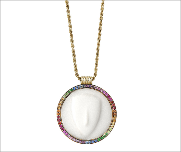 Unique pendant made of white marble 18K gold amethyst tsavorites and sapphires on a gold chain