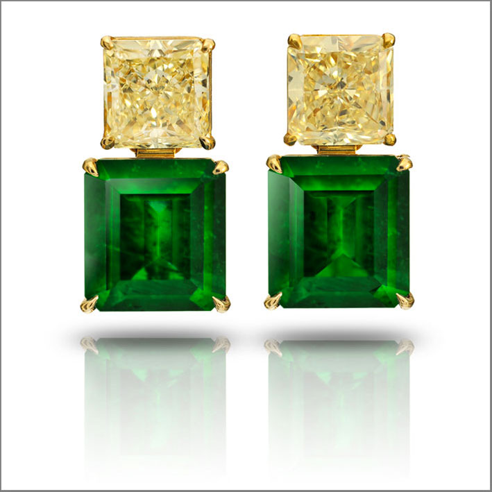 Orecchini con smerald di 7,56 carati e diamanti fancy yellow