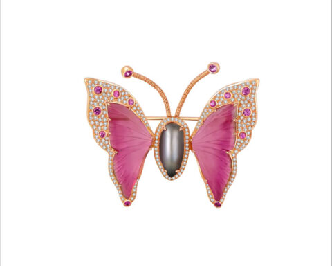 Pink Tourmaline Sapphire Diamond Pearl 18ct Butterfly Brooch