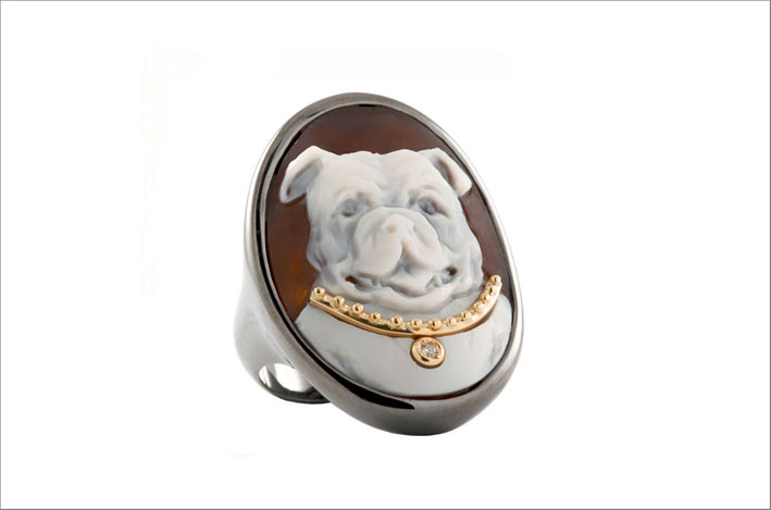 Anello Bulldog con cameo su conchiglia, oro e argento rodiato