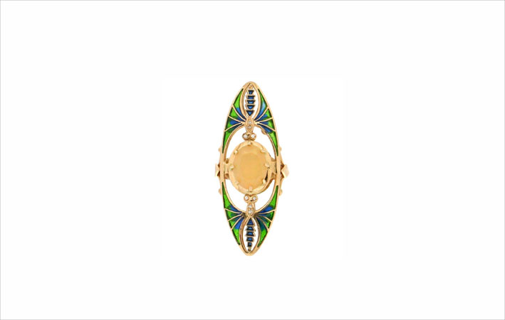 Anello in oro giallo 14 carati, diamanti e opale australiano