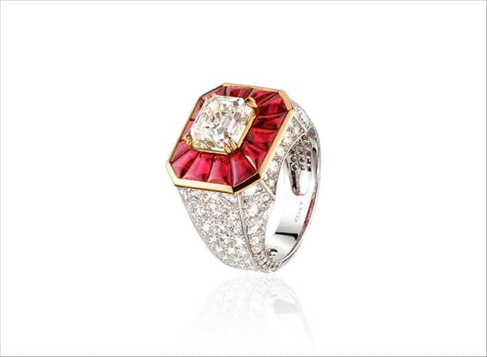 Anello Tour Rectangle, diamante di 2,59 carati, rubini per 3 carati e 118 brillanti
