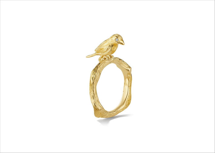 Anello Wonderland in oro e diamanti con pappagallino africano