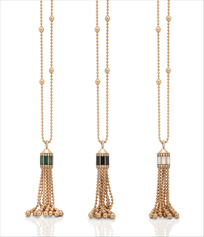 Rose gold tassel pendant with malachite and diamonds, rose gold tassel pendant with black jade and diamonds, rose gold tassel pendant with mother of pearl and diamonds