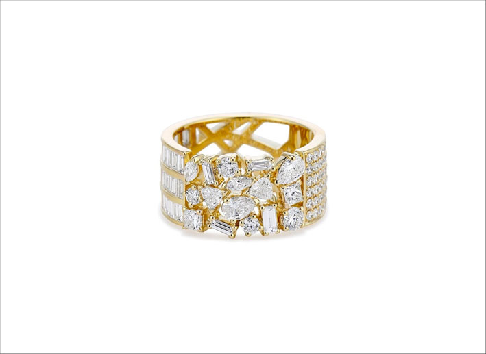 Anello Duo Four way in oro 18 carati e diamanti baguette e pavé 