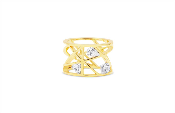 Anello Floating Cage in oro 18 carati e diamanti fancy cut