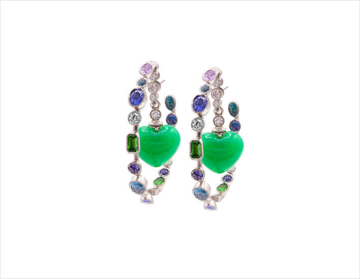 Deirdre Featherstone, vintage con colores 2 Orecchini in platino, zaffiri, tsanzanite, tormalina Paraiba, tsavorite, diamanti